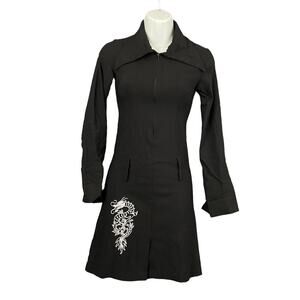 VTG Embroidered Dragon Collared Stretch Dress 38 US S 1/2 Zip Y2K 90s SMALL